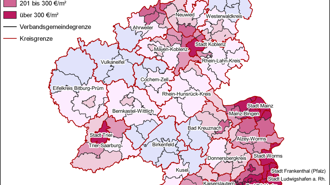 Karte von Rheinland-Pfalz , die die durchschnittliche Bodenrichtwerte von Wohnbauland von 2020 bis 2022 zeigt