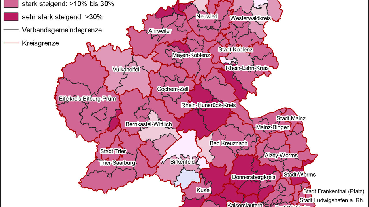 Karte von Rheinland-Pfalz , die die durchschnittliche Bodenpreisentwicklung von Wohnbauland von 2020 bis 2022 zeigt