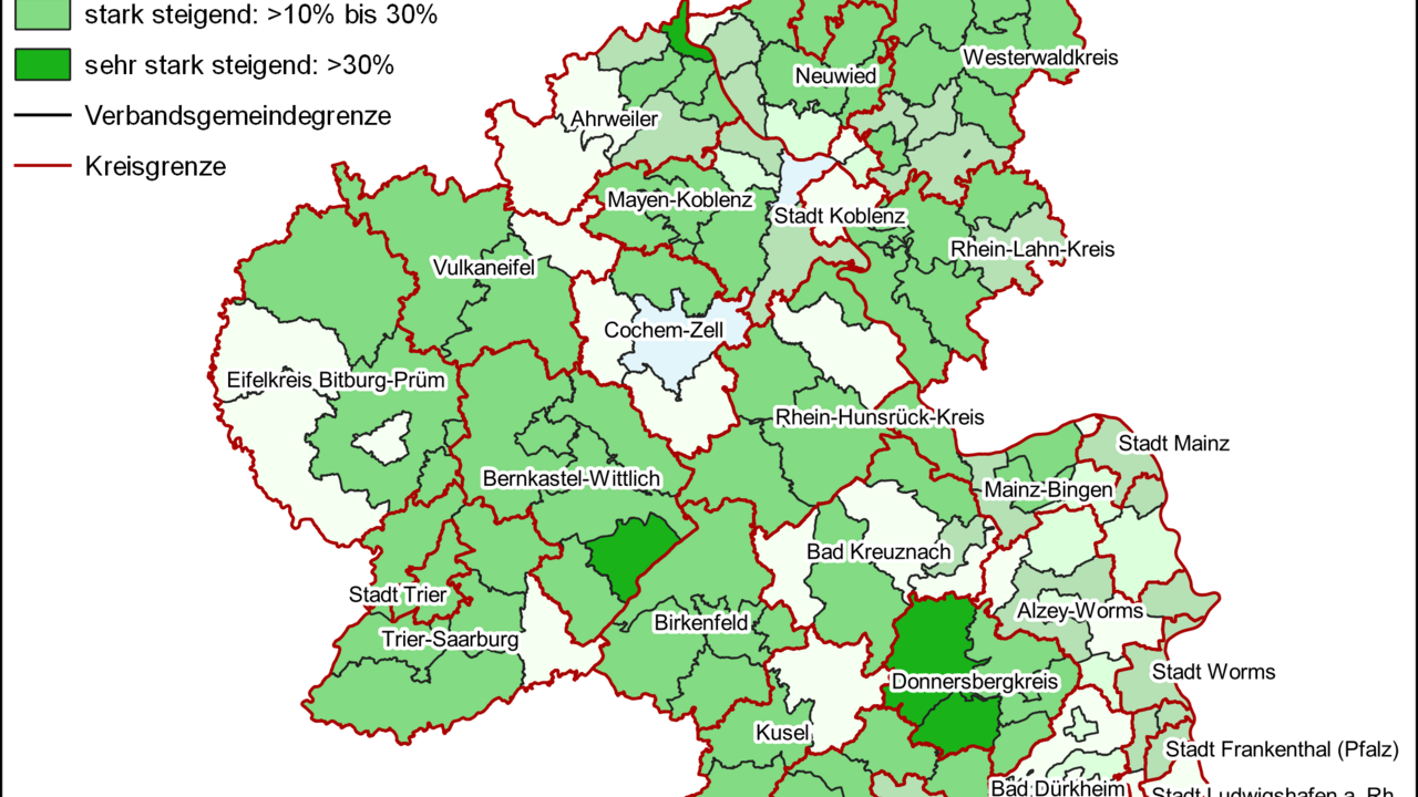 Karte von Rheinland-Pfalz , die die durchschnittliche Bodenpreisentwicklung von Ackerflächen von 2020 bis 2022 zeigt